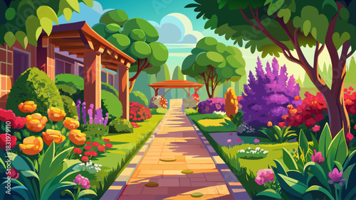 A warm sun-drenched garden walkway in a backyard, lined with blooming colorful flowers and rich green plants. Serene outdoor scene ideal for nature themes, landscaping visuals, and garden lifestyle 