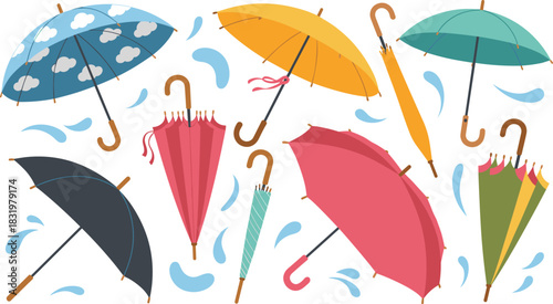 Umbrella collection, rainy day, weather accessories, colorful designs, raindrop background, fashion elements, open and closed styles, vector illustration, seasonal decor, monsoon theme