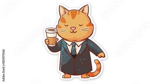 sticker of an orange cat wearing a business suit with a tie, holding a coffee cup and a cell phone, on a white background.

