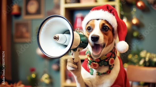A cheerful dog in a Santa hat with a megaphone in his paw announces Christmas discounts. A fabulous atmosphere of New Year and Christmas