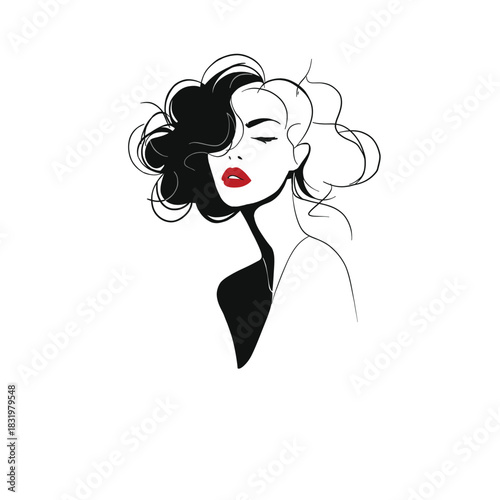 Minimalist line art portrait of an elegant woman with red lips and voluminous hair. Stylish black and white fashion illustration suitable for beauty and modern design
