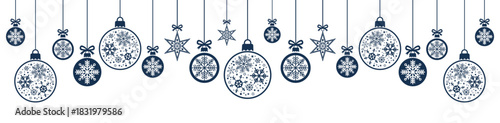 Elegant horizontal border of hanging dark blue Christmas baubles and stars with delicate snowflake patterns on white background, perfect for festive banners, greeting cards,