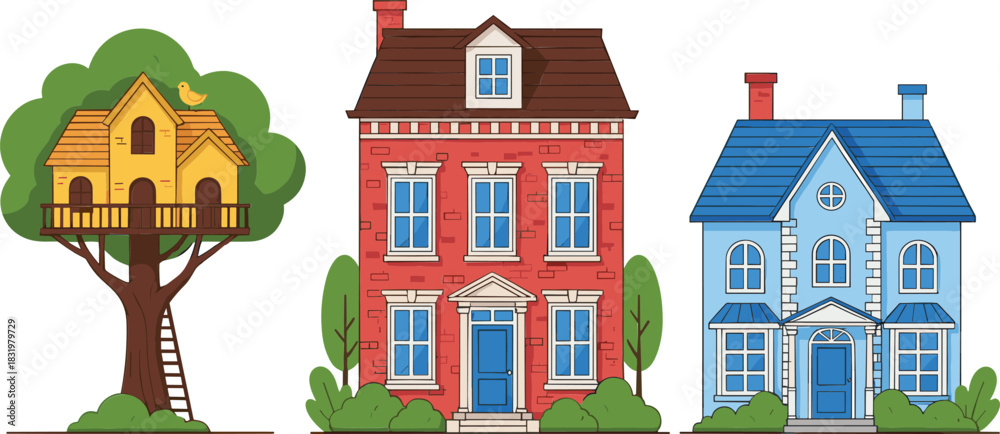 Fototapeta premium Cartoon House Collection with Treehouse and Colorful Residential Homes Architecture Flat Vector Illustration Isolated on White