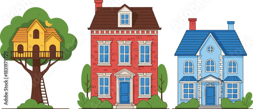 Cartoon House Collection with Treehouse and Colorful Residential Homes Architecture Flat Vector Illustration Isolated on White