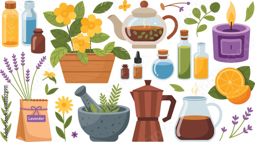 Herbal remedies, essential oils, natural wellness, aromatherapy items, tea preparation, lavender, citrus, holistic lifestyle, vector illustration, healing herbs, wellness decor