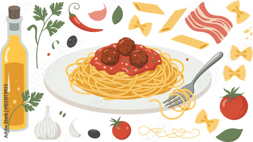 Spaghetti with meatballs, Italian ingredients, tomato sauce, olive oil, garlic, herbs, pasta varieties, food illustration, traditional recipe, culinary vector, kitchen decor