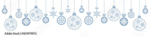 Elegant horizontal border of hanging blue Christmas baubles and stars with delicate snowflake patterns on white background, perfect for festive banners, greeting cards, invitations and luxury holiday 