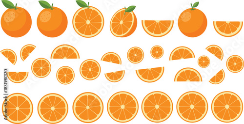 Cartoon Orange Fruit Collection with Whole Halved and Sliced Citrus Oranges Colorful Flat Vector Illustration Set
