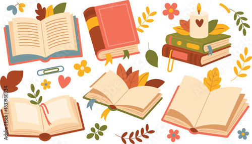 Autumn books, cozy reading, seasonal decor, open pages, stacked books, candlelight, fall leaves, heart symbol, vector illustration, warm atmosphere, literary theme