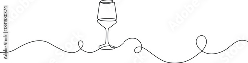 Continuous line art drawing of elegant wine glass with abstract wavy line design. Vector