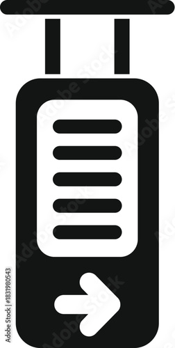 Hanging public sign providing textual information and navigational direction with an arrow