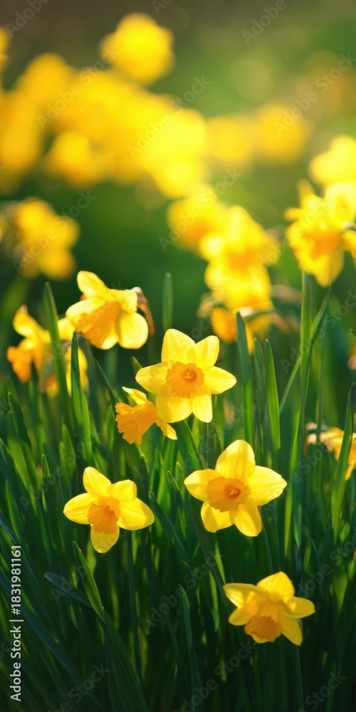 Fototapeta premium Yellow daffodil flowers blooming in a sunny spring field