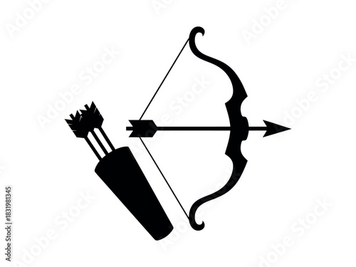 Illustration of a black bow and arrow with a quiver on a white background