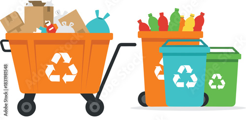 Cartoon Recycling Bins and Trash Cart with Sorted Waste Bottles and Boxes Eco Environment Flat Vector Illustration