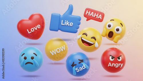 Social media reactions emojis set like love haha wow sad angry for expressing feelings online and communication
