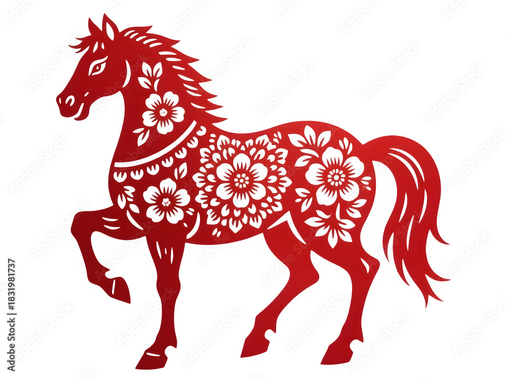 Fototapeta premium Elegant red paper cut horse design with floral motifs, perfect for Lunar New Year or cultural celebrations with a touch of traditional charm