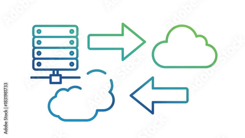 Cloud computing network diagram showing server and cloud data transfer architecture and data flow diagram concept