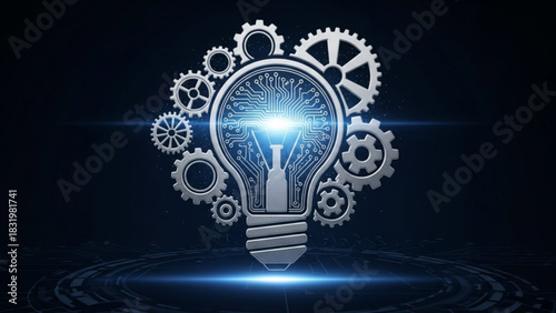 Ai technology innovation lightbulb with gears and circuit board for business solutions idea generation
