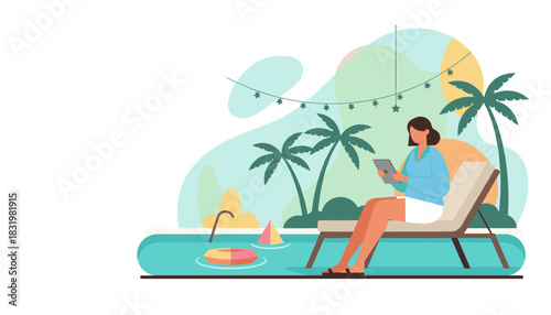 Woman using a tablet on a pool lounge chair in a tropical setting Remote work or vacation lifestyle
