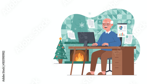 Happy senior man working remotely on a computer near a fireplace and Christmas tree during winter