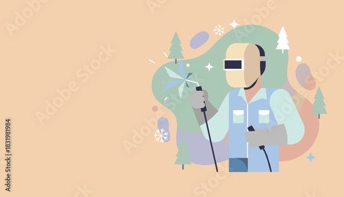 Industrial worker welding a bright holiday star element Skilled manufacturing and winter work illustration