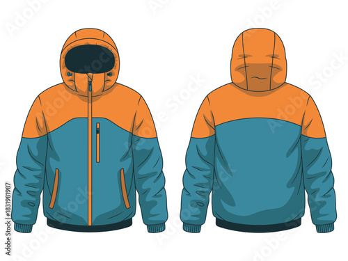 Illustration of a hooded jacket with orange top and blue bottom shown front and back