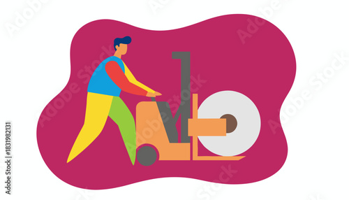 Man operating material handler moving an industrial roll Flat vector for logistics and industry