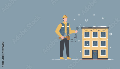 An electrician preparing holiday lights outside a snowy apartment building