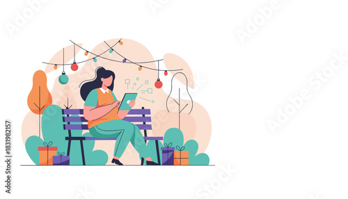 Woman shopping online with a tablet on a park bench decorated with festive lights and gifts
