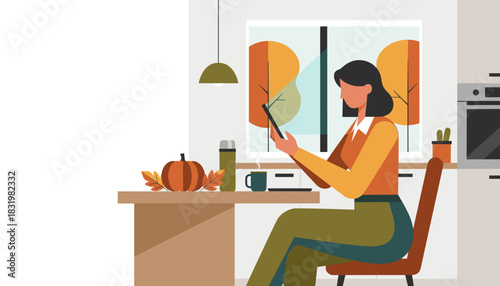 Woman using smartphone at kitchen table with pumpkin and hot drink enjoying the autumn morning at home