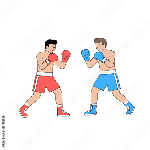 Two boxers facing each other in a fighting stance, wearing gloves and sports gear. Dynamic flat-style illustration perfect for sports themes, competition graphics, and martial arts designs