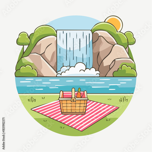 Pixel Art Picnic Scene With A Wicker Basket Filled With Food Next To A Majestic Waterfall Surrounded By Lush Green Hills And A Bright Sunny Sky