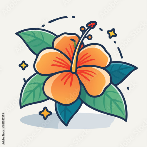 Vibrant Orange Hibiscus Flower Illustration with Green Leaves and Sparkles on a Light Background