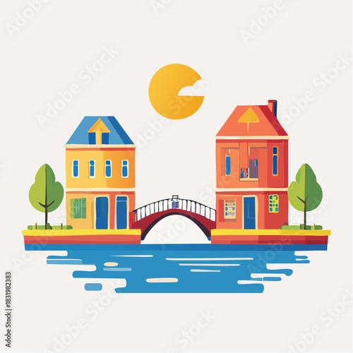 Charming Flat Illustration of Two Colorful Buildings Connected by a Bridge Over Blue Water with Green Trees and a Bright Yellow Sun in the Background