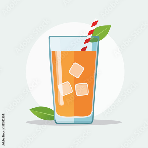 Refreshing Orange Juice With Ice Cubes And Red Striped Straw In A Tall Glass With Green Leaves On Light Gray Background