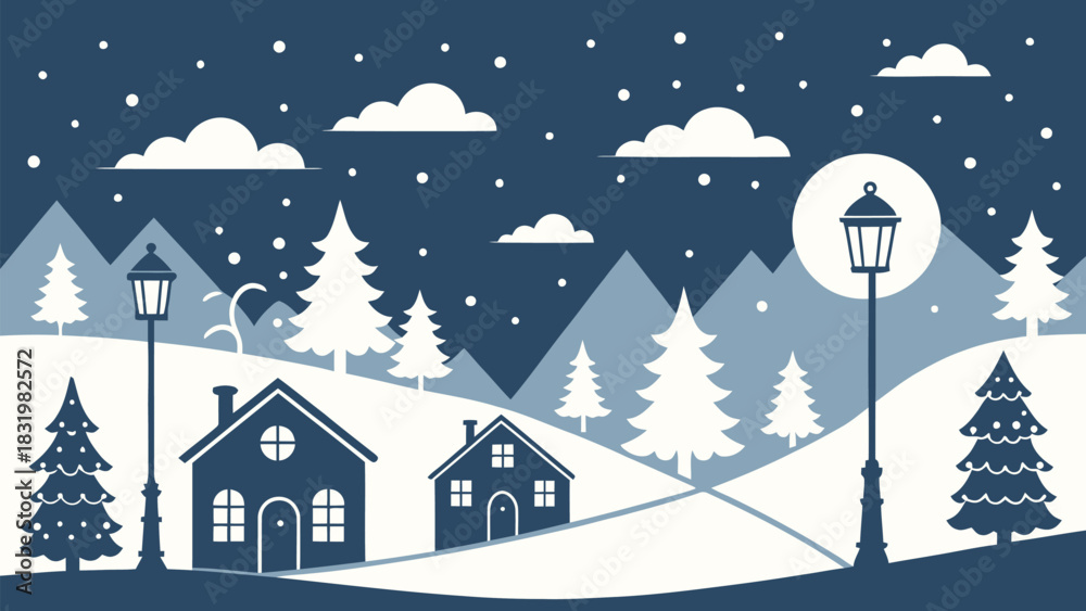 Fototapeta premium Enchanting winter village scene with quaint houses nestled among snow-covered trees and softly falling snow