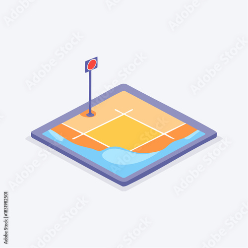 Isometric Beach Volleyball Court With Sand Water and Flag Against White Background A Sports Field Scene