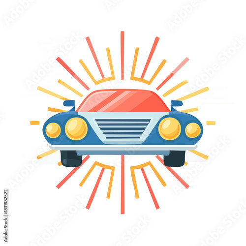 Blue Sedan Car With Yellow Headlights And Sunburst Rays In Red And Yellow Colors