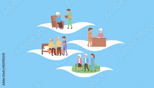 Professional elder care service Nurses assist seniors with reading walking and meals