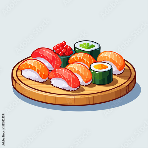 Pixel Art Sushi Platter With Salmon Nigiri Tuna Nigiri California Rolls And Ikura On A Wooden Plate Studio Shot