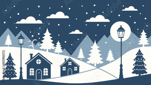 Enchanting winter village scene with quaint houses nestled among snow-covered trees and softly falling snow