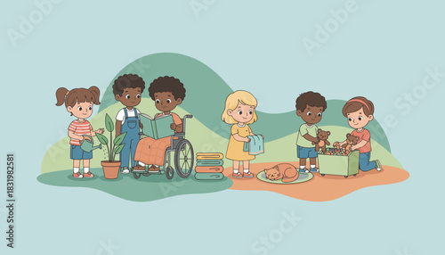 Diverse children doing chores and helping friends showing responsibility and inclusion