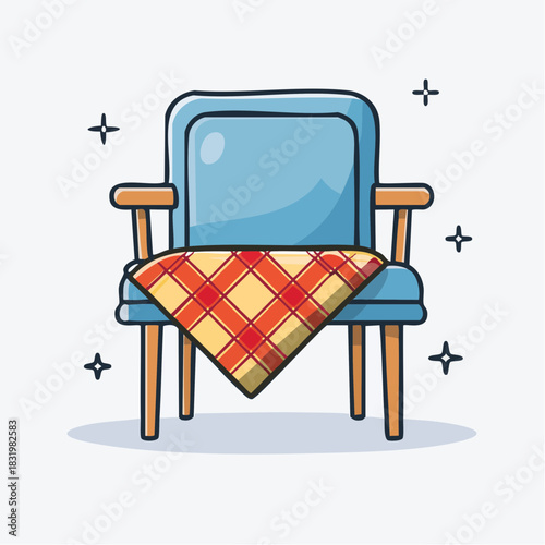 Comfortable Blue Armchair With Plaid Blanket In A Brightly Lit Room