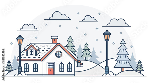Charming winter home scene with snowy landscape and festive lighting for holiday cards and seasonal designs