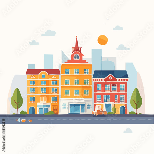 Colorful Row of Diverse Buildings in a Cityscape Under a Bright Sun with Green Trees and Clouds in the Sky