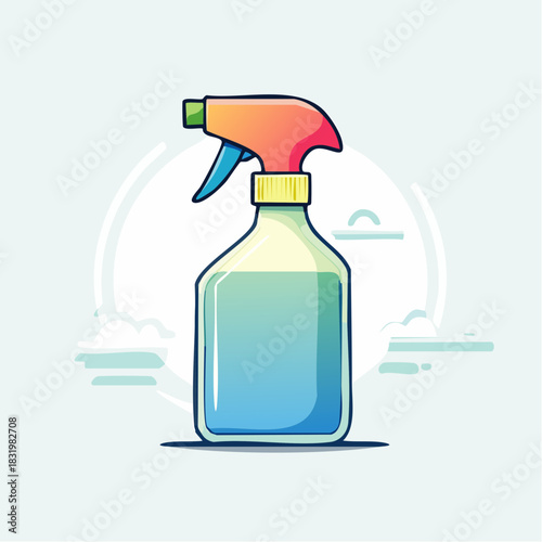 Clean Spray Bottle With Blue Liquid And Multicolored Handle On A Light Blue Background With Subtle Cloud Graphics