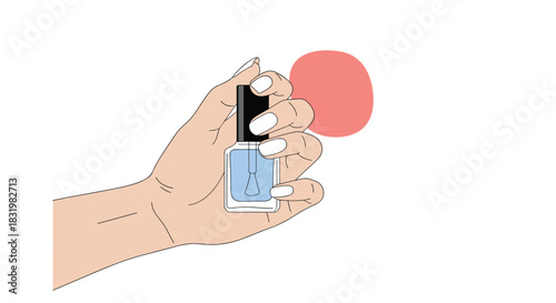 A hand with white polished fingernails holds a light blue nail polish bottle, set against a simple white background with a red accent.
