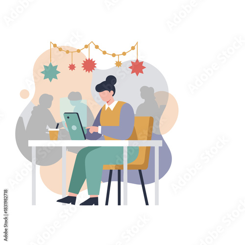 Professional woman working remotely on a laptop in a trendy cafe or coworking space