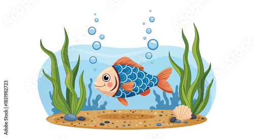 A cute blue and orange cartoon fish swims in a charming underwater world, featuring green plants, bubbles, and a sandy bottom with pebbles.