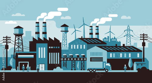 Industrial complex illustration factory buildings smokestacks wind power and energy infrastructure